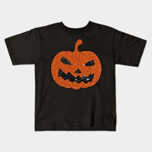 Dark Orange Faux Glitter Halloween Pumpkin Face Kids T-Shirt